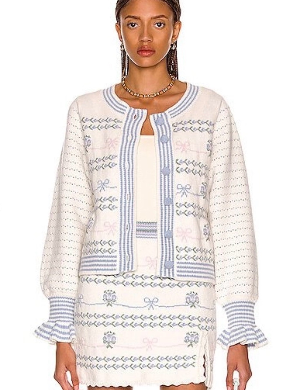 LoveShackFancy cream Knit Cardigan & Skirt Set with Pastel Blue and Pink Emb XS
